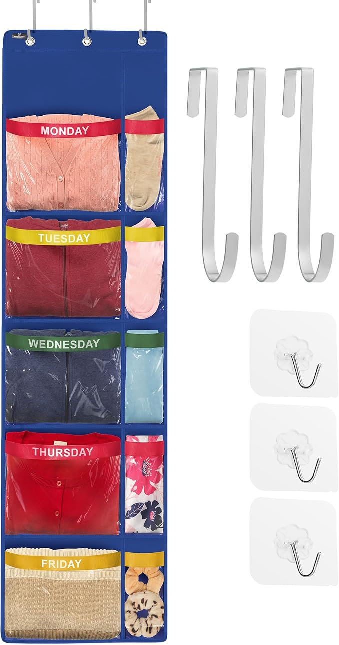 Over the Door Weekly Clothes Organizer - 5 Shelf Hanging Closet Storage with Day of the Week Labels - Weekly Clothes Organizer For Kids - Space-Saving Over Door or Wall Hanging Organizer (Blue)