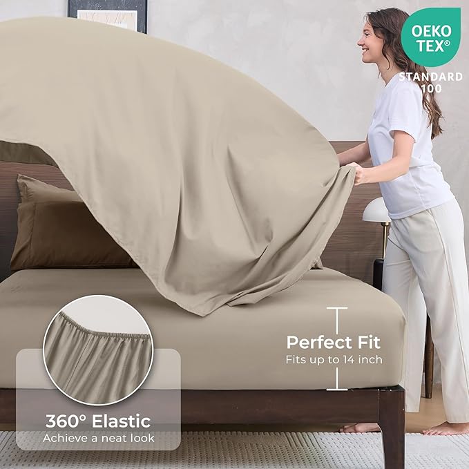 HEVUMYI Khaki & Linen Queen Comforter Set - 7-Piece All Season Bed in a Bag Queen, Ultra Soft Bedding Set with Comforter, Flat Sheet, Fitted Sheet, Pillowcases, Pillow Shams