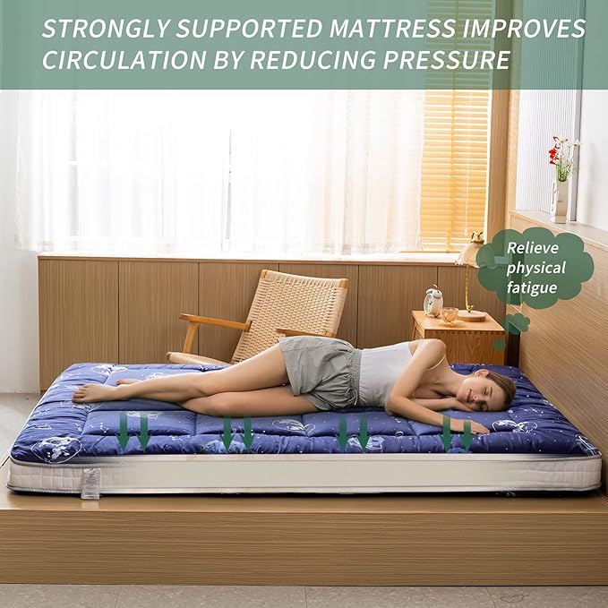 MAXYOYO Navy Space Adventure Futon Mattress, Padded Japanese Floor Mattress Quilted Bed Mattress Topper, Extra Thick Folding Sleeping Pad Breathable Floor Lounger Guest Bed for Camping Couch, Queen
