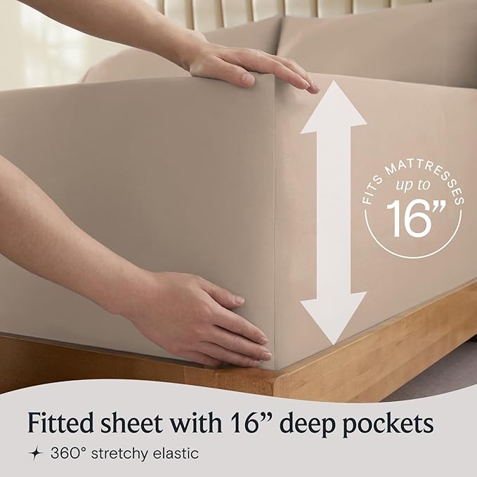LuxClub 4 PC King Sheet Set, Deep Pockets Wrinkle Free Cooling Bed Sheets Hotel Bedding for Women, Men, Kids & Teens, Includes 1 Fitted Sheet, 1 Flat Sheet and 2 Pillowcases - Silky Soft Light Khaki