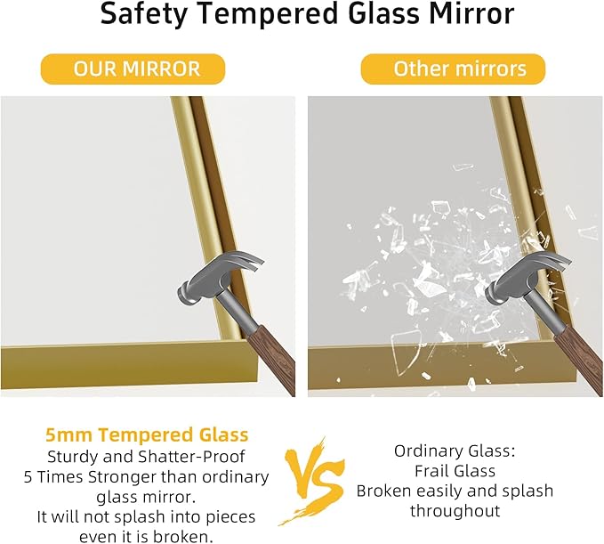 22x30 Inch Gold Bathroom Mirrors for Over Sink, Rectangular Vanity Mirror, Wall Mounted Mirrors, Anti-Rust, Tempered Glass, Framed Vanity Mirror, Horizontal or Vertical