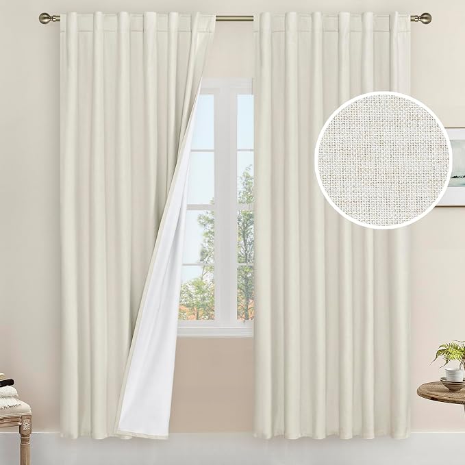 Natural 100% Blackout Linen Curtains 78 Inches, 52 x 78 Inch | Ivory, Thermal by LAMIT