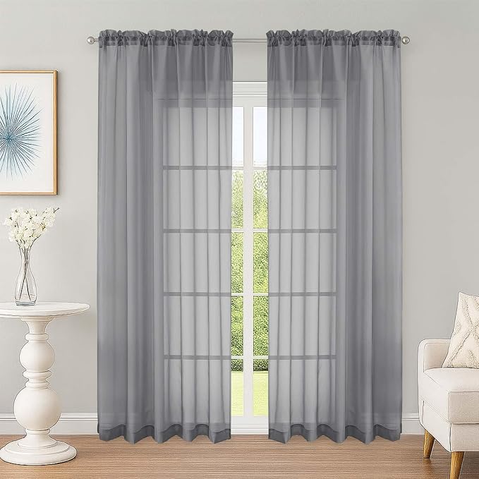 Sheer Curtains 84 Inches Long 2 Panels Set, Sheer Grey Curtains by OWENIE