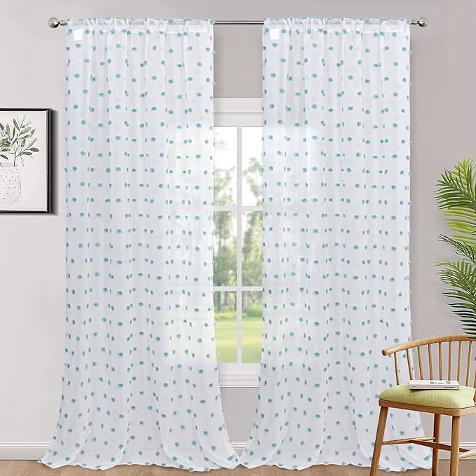 MYSKY HOME 108 Inch Long Large Pom Pom Sheer Curtains for Living Room - Aqua White, Light Filtering, Rod Pocket Window Panels - 38 x 108 inch, 2 Pieces