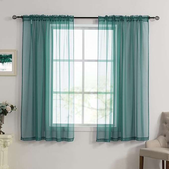 HUTO Dark Teal Green Sheer Curtains 45 inches Long for Bedroom Top Rod Pocket Sheer Window Panels Curtains for Nursery Living Room 52 by 45 Inch Length Set of 2