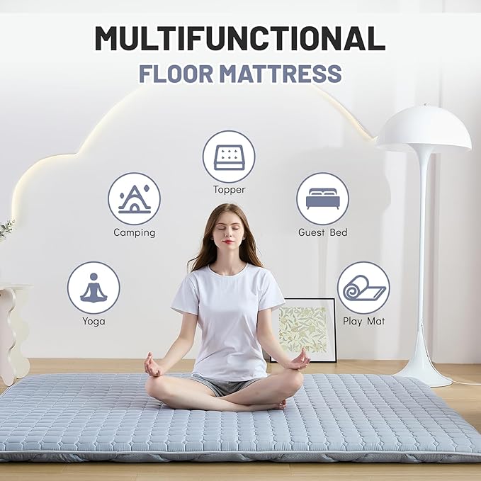 Japanese Floor Mattress Queen, Anti-Slip Japanese Futon Foldable Tatami Mat for Guests, Grey