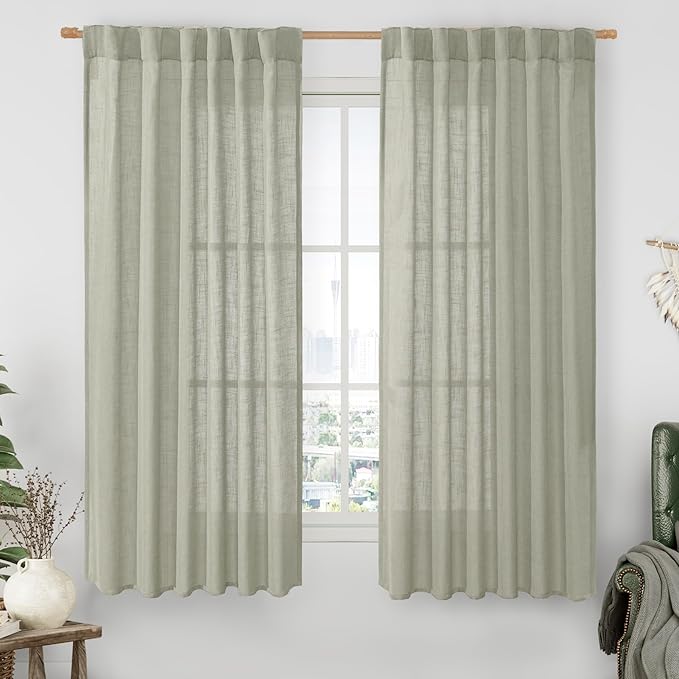 Sage Grey Semi Sheer Linen Curtains 63 Inch by LAMIT