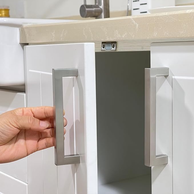 Cabinet Pulls Brushed Nickel Cabinet Handles Square Drawer Pulls, 10 Pack 3 Inch Stainless Steel Kitchen Door Cupboard Cabinet Handles, Cabinet Hardware Drawer Handles, 76mm Hole Centers