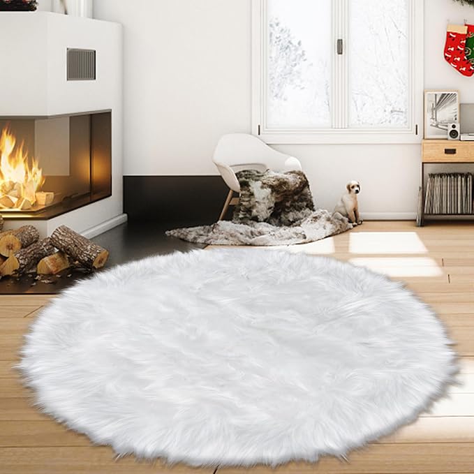 6ft Sheepskin Faux Fur White Round Rugs - Image 5