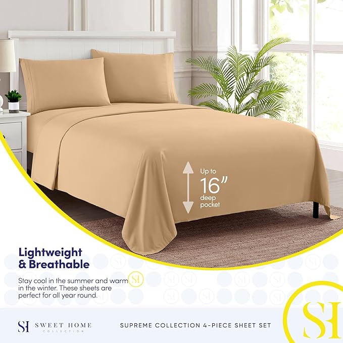 Twin XL Sheets - Breathable Luxury Sheets with Full Elastic & Secure Corner Straps Built In - 1800 Supreme Collection Extra Soft Deep Pocket Bedding Set, Sheet Set, Twin XL, Camel