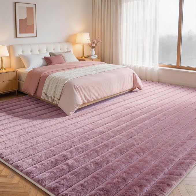 Dusty Rose Rabbit Striped Plush Rug 8'x10', Fluffy Shaggy Area Rug - Image 2