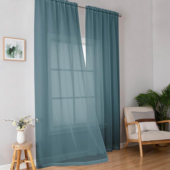 Dusty Blue Sheer Curtains 90 Inches Long 2 Panels Set - Image 2