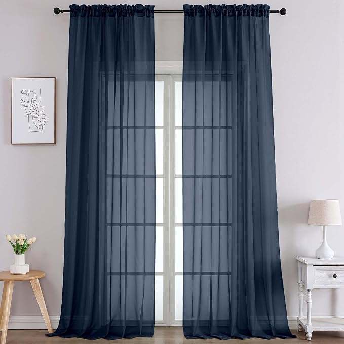 Chyhomenyc Extra Long Navy Blue Sheer Curtains 108 Inches Long 2 Panels by Chyhomenyc