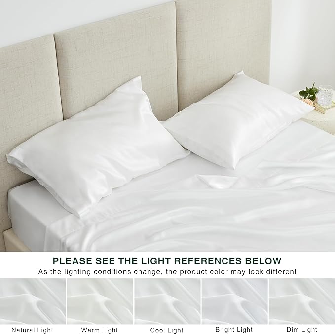 Love's cabin Satin Queen Sheets Set - 4 Piece White Silky Bed Sheets with Deep Pocket, Luxury Silk Feel Satin Queen Size Sheet Set (1 Flat Sheet,1 Fitted Sheet,2 Pillow Cases)