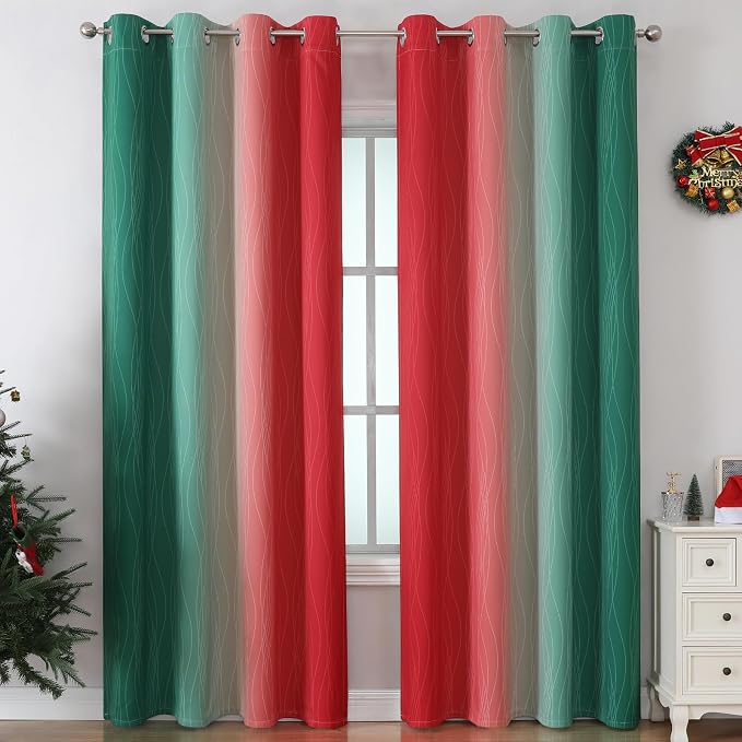 Red and Green Ombre Blackout Curtains 52Wx84L 2 Panels | Ombre Christmas - Image 2