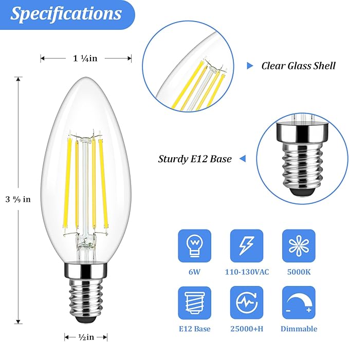 LED Candle Bulbs 40W Equivalent, E12 Candelabra Light Bulbs 4W 470Lm Clear Edison LED Bulb, Daylight White 5000K B11 Classic Bright Filament Bulb, Dimmable Decorative Bulbs for Lamps, Pack of 20