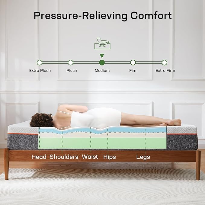 Marsail 8 Inch Queen Size Mattress, Cooling Gel Memory Foam, Fiberglass Free Breathable Cooling Bed Queen Mattress, Medium-Firm in A Box