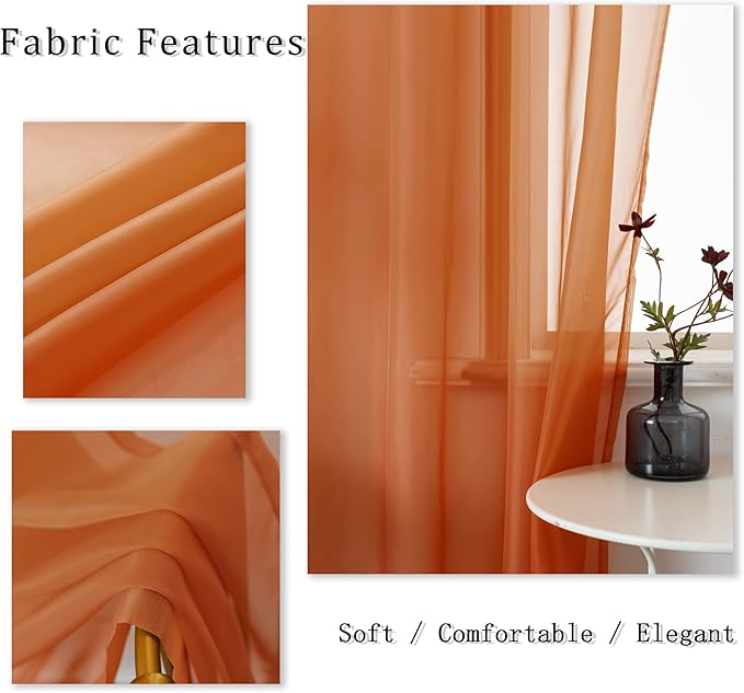 DUALIFE Rust Curtains 72 Inch Length for Living Room 2 Panels Grommet Solid Color Burnt Orange Window Sheer Curtain Panels for Bedroom 52x72 Inches Long Terracotta