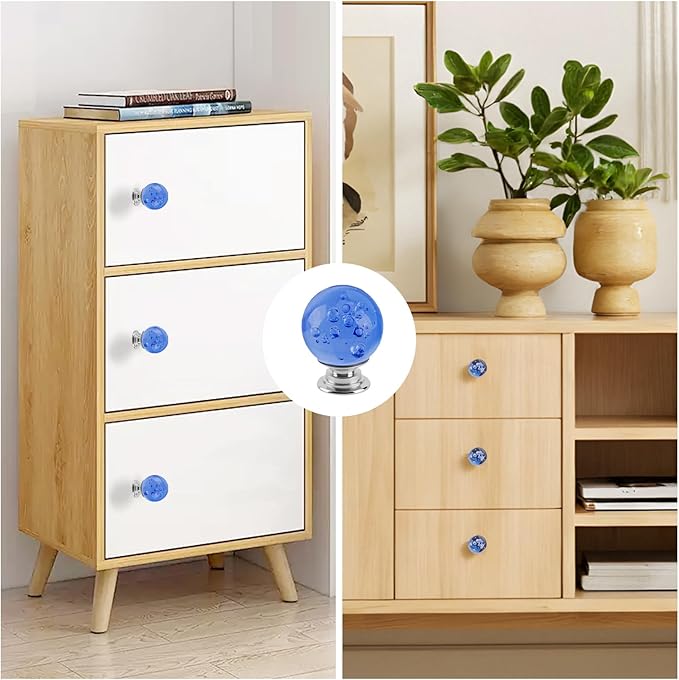 12 Pcs 30mm Round Shape Bubble Crystal Glass Cabinet Knobs with Screws Drawer Knob Pull Handle Used for Kitchen, Dresser, Door, Cupboard (Light Blue)