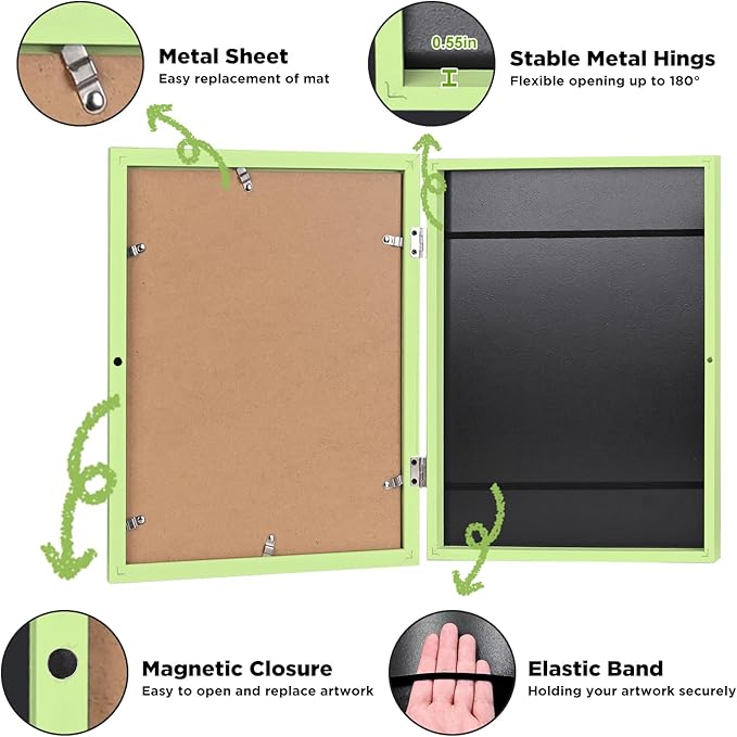 KINLINK 9x12 Kids Art Frames Set of 2, Solid Wood Kids Artwork Frames Changeable with Acrylic Front Opening Holds 150 Pictures, Art Frame for Kids Artwork with Mat or without Mat, Light Green