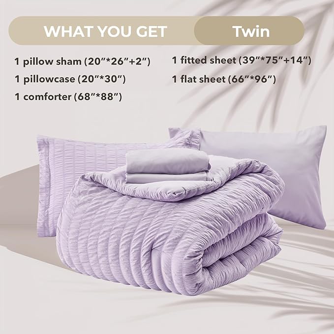 HYMOKEGE Lavender Twin Comforter Set Seersucker 5 Pieces, All Season Luxury Bed in a Bag for Bedroom, Bedding Set with Comforters, Sheets, Pillowcase & Shams