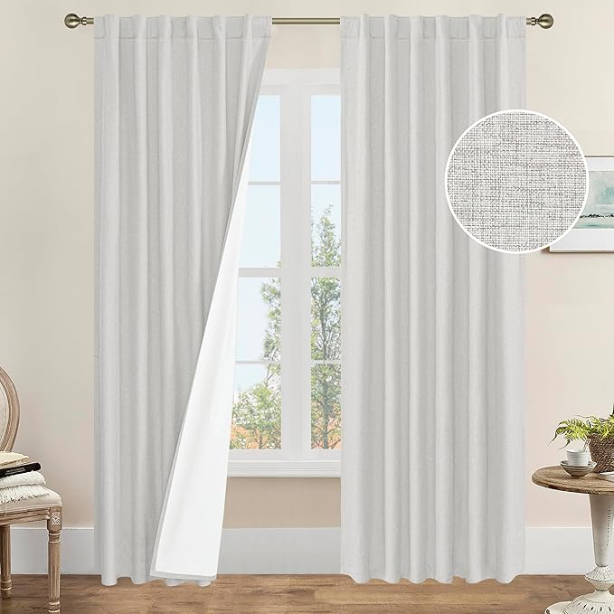 84 Inch 100% Blackout Linen Curtains 2 Panels by LAMIT