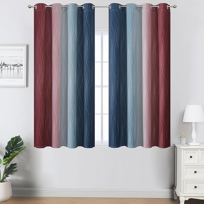 Navy Blue and Burgundy Red Ombre Blackout Curtains - Image 2
