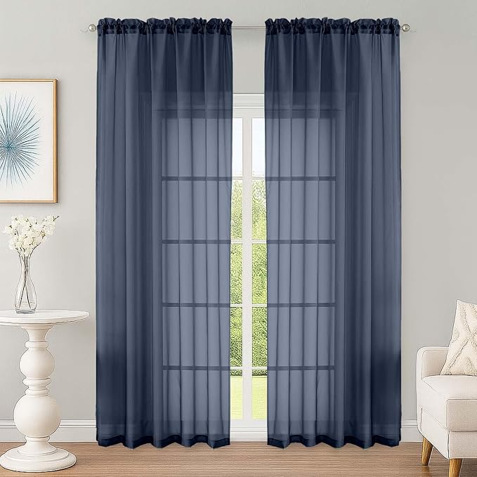 Navy Blue Sheer Curtain 90 Inches Long 2 Panels Set, Solid Filmy Drapes by OWENIE