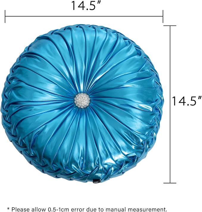 HIG Set of 2 Blue Metallic Leather Decorative Round Pleated Throw Pillows | - Image 5