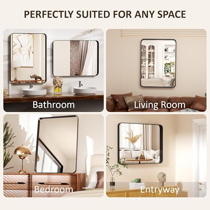 55×30 Black Vanity Mirror for Bathroom Sink - Rectangle Aluminum Frame Mirror with Tempered Glass & Rounded Corners for Living Room, Hallway, Horizontal/Vertical, Home Decor