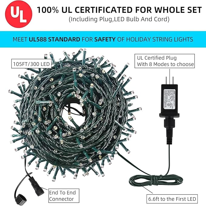 105FT 300LEDs Christmas Lights Outdoor Indoor 8 Modes for Christmas Tree Party Decoration, 100% UL Listed (Red, 105 FT)