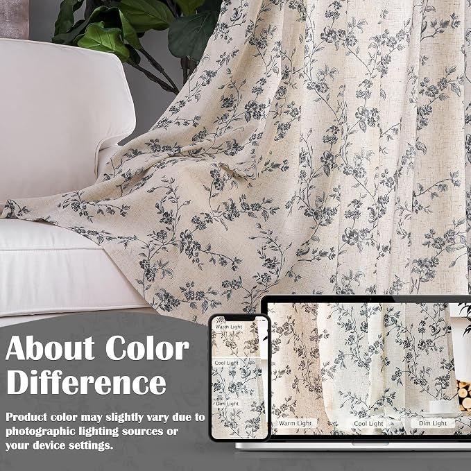 Black Vintage Floral Linen Curtains Farmhouse 50W X 63L 2 Panels | Elisa Series - Image 6