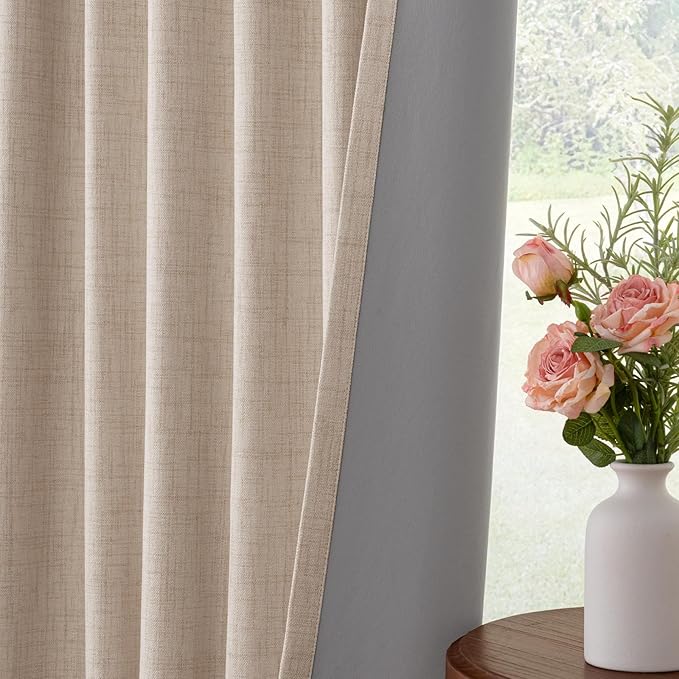 100% Blackout Curtains for Bedroom Oatmeal Linen Look Curtains 84 Inch Long | - Image 6