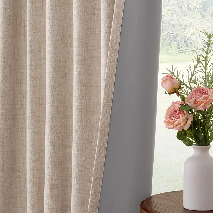 100% Blackout Curtains for Bedroom Oatmeal Linen Look Curtains 80 Inch Long | - Image 6