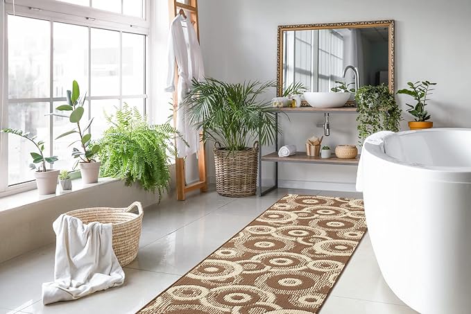 Custom Length Cut to Size Modern Farmhouse Carpet Runner Rug for Hallways, Non Slip Rubber Backed, 31 inch Wide X Customized Length, Geo Brown, 31 inch X 12 feet