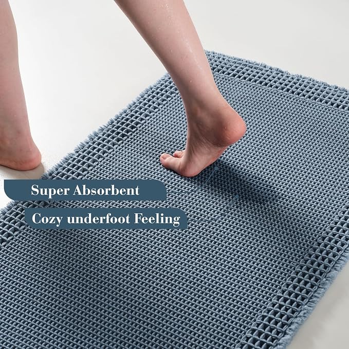 RESARE Waffle Bathroom Runner Rugs, Non Slip Boho Bath Mat 24"x60" Blue | Long - Image 3