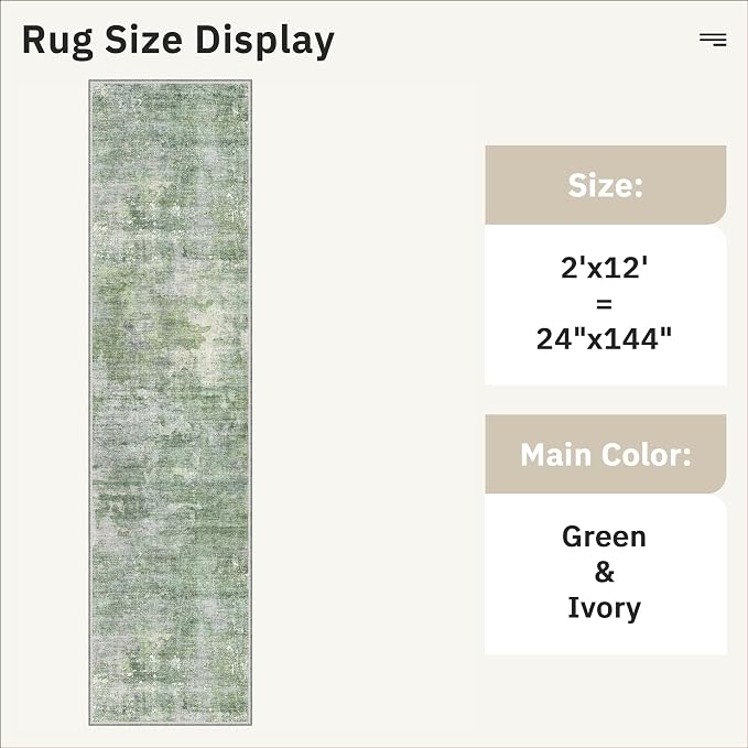 Soalmost Abstract Runner Rug 2x12 Hallway Kitchen Runners Green/Ivory | Vintage - Image 5