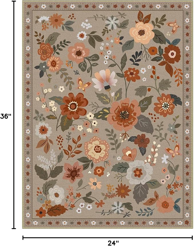 RELEANY Floral Washable 2x3 Area Rugs Doormat Brown/Brick | Flower Carpet Print - Image 2