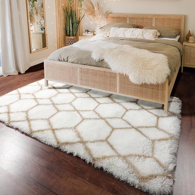 Area Rugs for Bedroom Living Room, 4x6 Fluffy White and Beige Geometric Rug | - Image 6