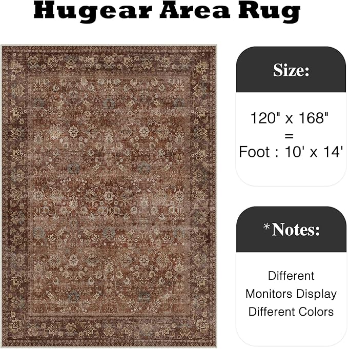 10x14 Brick Red Vintage Floral Washable Area Rug - Image 2