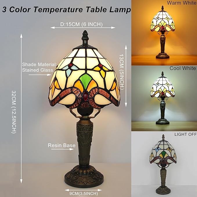 Tiffany Small Lamp Baroque Stained Glass Table Lamp 3 Way Color-Temparetures Bedside Nightstand Table Lamps for Bedroom Living Room Home Office Desk Light W/LED Bulb 6X6X12.5Inch