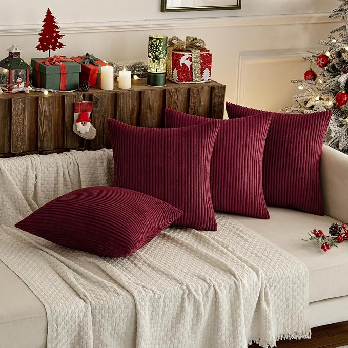 MIULEE Soft Corduroy Decorative Throw Pillow Covers Burgundy 18x18 | Set of 4 - Image 3