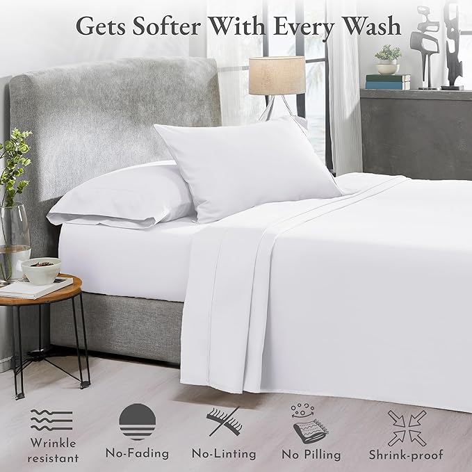 California Design Den 2-Pack Twin XL Sheet Sets Cotton - 400 Thread Count 100% Cotton Sateen - Soft, Breathable & Cooling Sheets, Wrinkle Resistant, 2 Sets of Deep Pocket Bed Sheets - Bright White