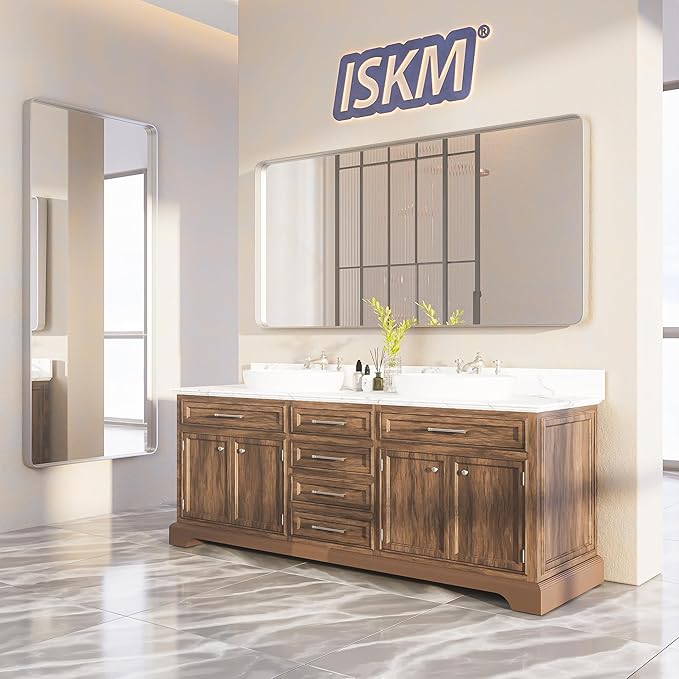 ISKM Silver Framed Mirror for Wal Bathroom Mirror for Wall 40" x 36" Matte Framed Vanity Mirror, Shatter-Proof, Tempered Glass, Rounded Rectangle Mirror(Horizontal/Vertical)