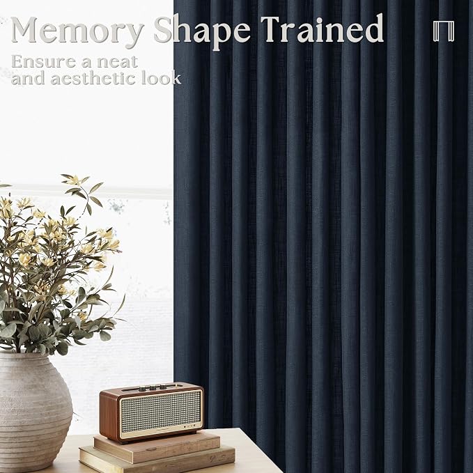 Navy Pinch Pleated Linen Semi Sheer Short Curtains 45 Inch Length 2 Panels | - Image 3
