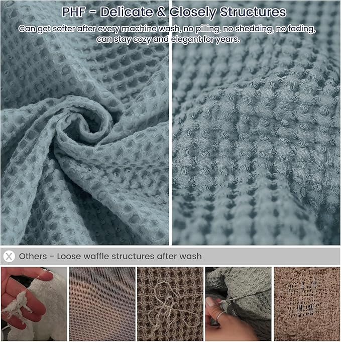 PHF 100% Cotton Waffle Weave Throw Blanket，Pre-Washed Snag Proof Lightweight Breathable Moisture-Wicking for Layering in Cold Weather for Couch Bed,Machine Washable,Home Decor Gift-Ocean