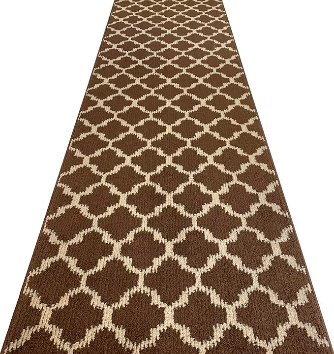 Custom Size Cut to Length Moroccan Trellis Design Runner Rug Mat For Wide Long Hallways with Non-Slip Rubber Backing, Better Traction for Pets, Prevent Slippage, Trellis Brown, 31 inch X 14 feet