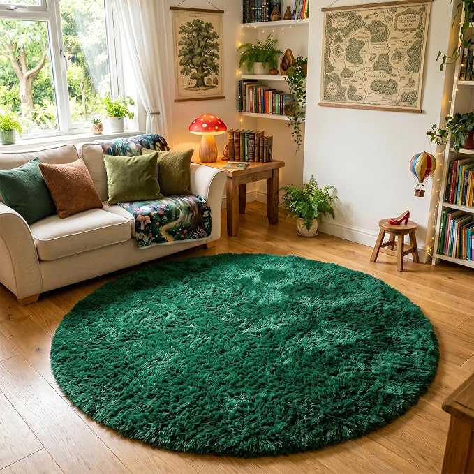 Amdrebio Dark Green Round Fuzzy Rug 4Ft - Image 3