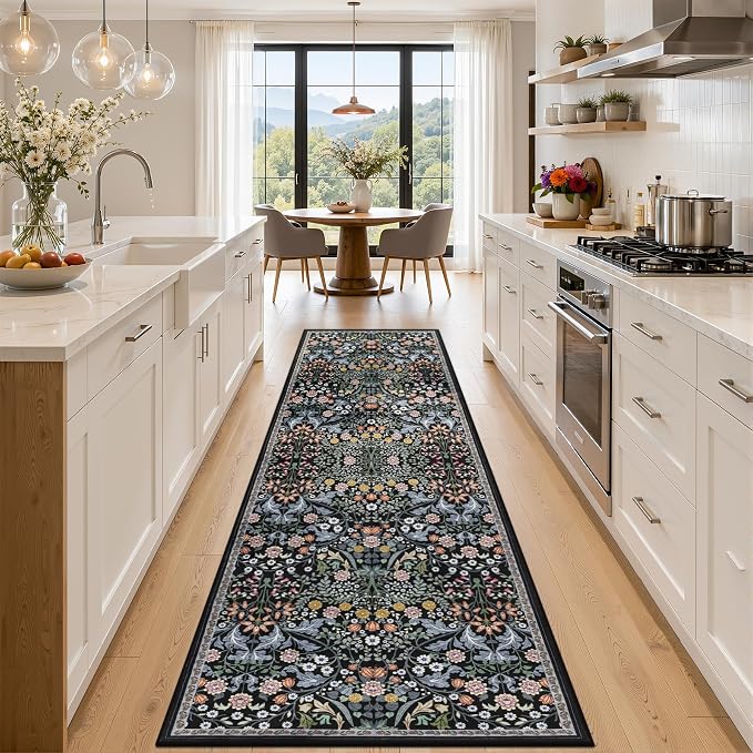 PLHXFR 2.6x10 Washable Runner Rug：Floral Indoor Kitchen Carpet Dark Black | by PLHXFRSoftAreaRugs