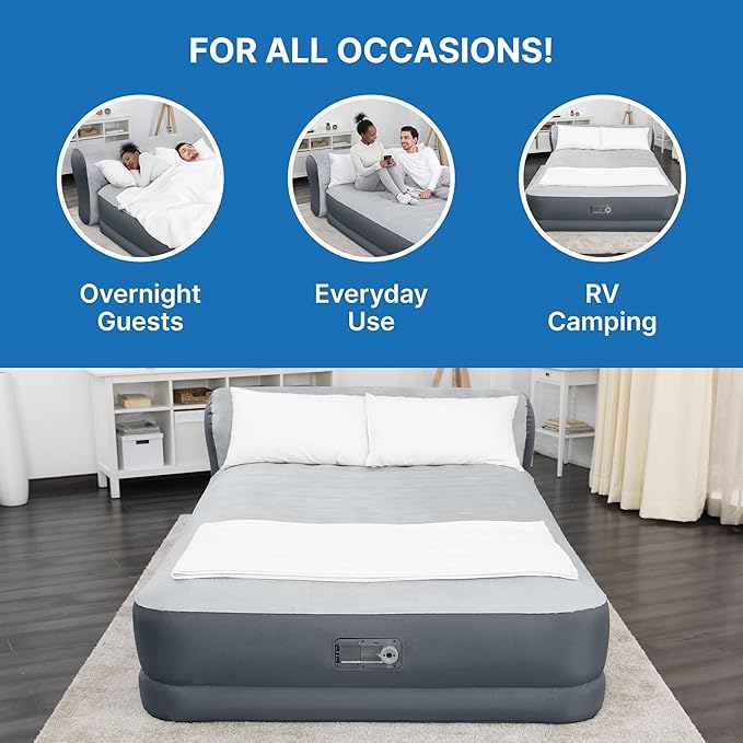 SleepLux Queen Air Mattress with Headboard | Supersoft Snugable Top, Extra Durable Tough Guard | Raised Airbed with Built in Pump + USB Charger (90"x60"x29") Grey